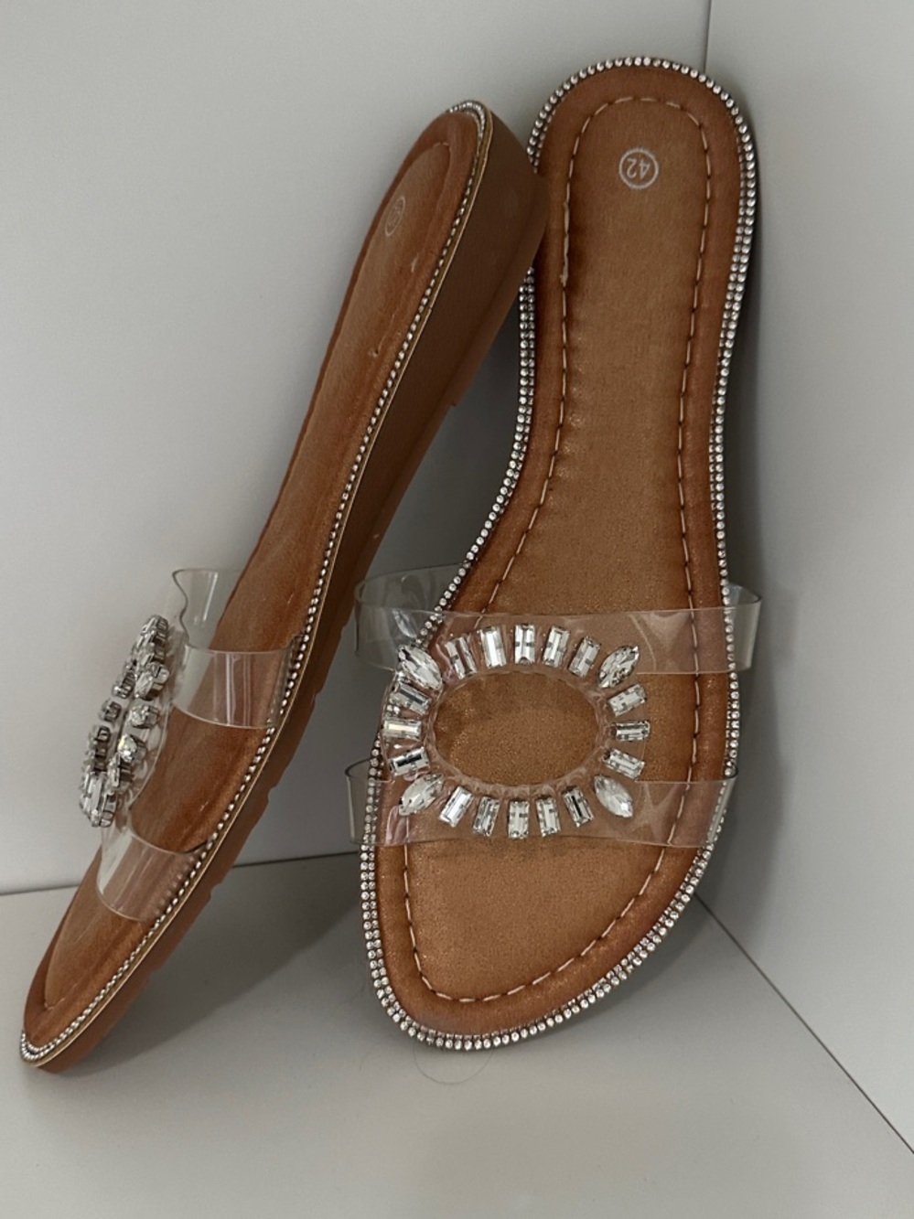 Clear Jewel-Embellished Tan Slide Sandals